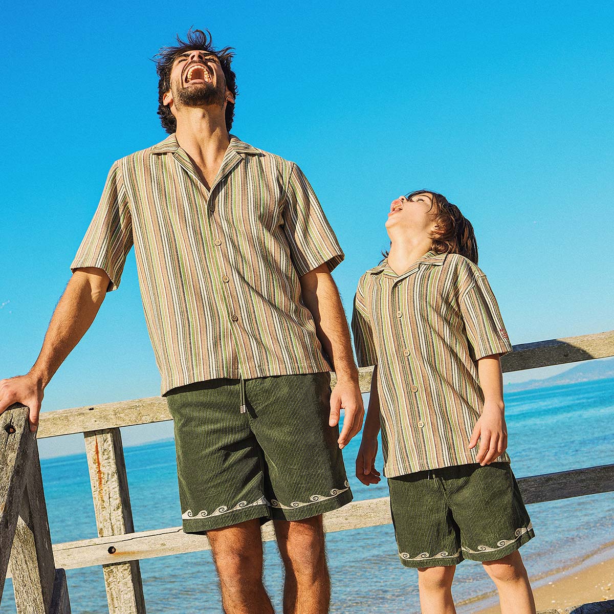 Boys Cord Shorts Olive Cotton Cord Embroidered Wave Detail