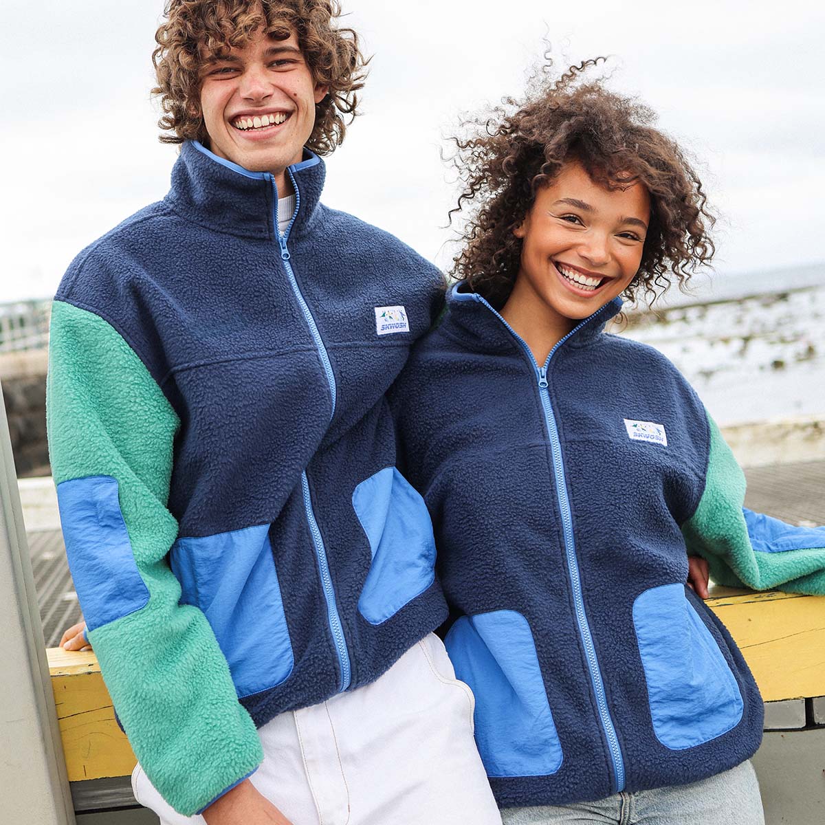 Skwosh Polar Fleece Utility Jacket in Green/Blue