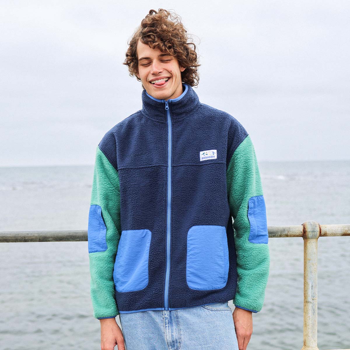 Skwosh Polar Fleece Utility Jacket in Green/Blue