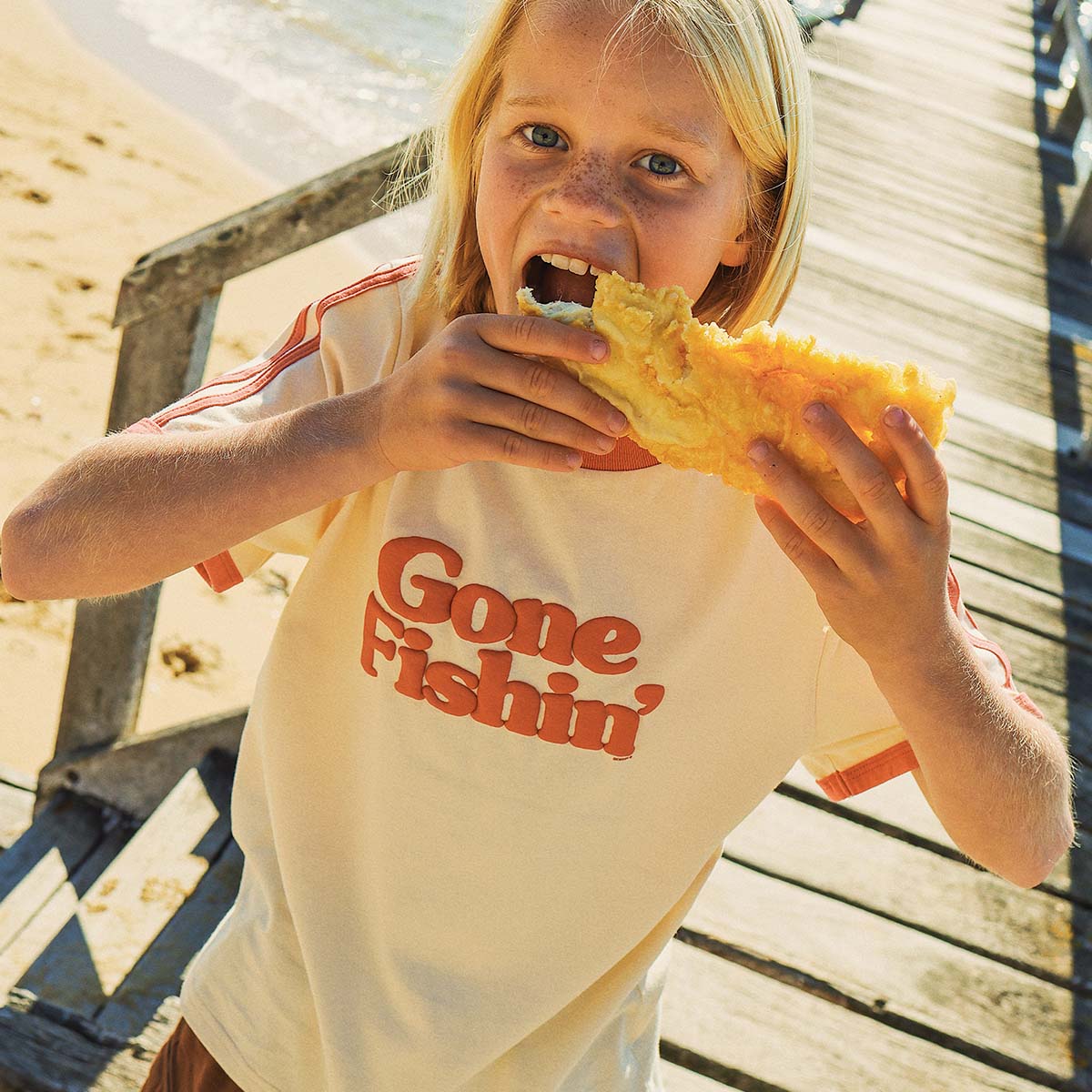 Gone Fishin Kids Boxy Ringer Tee in Off White