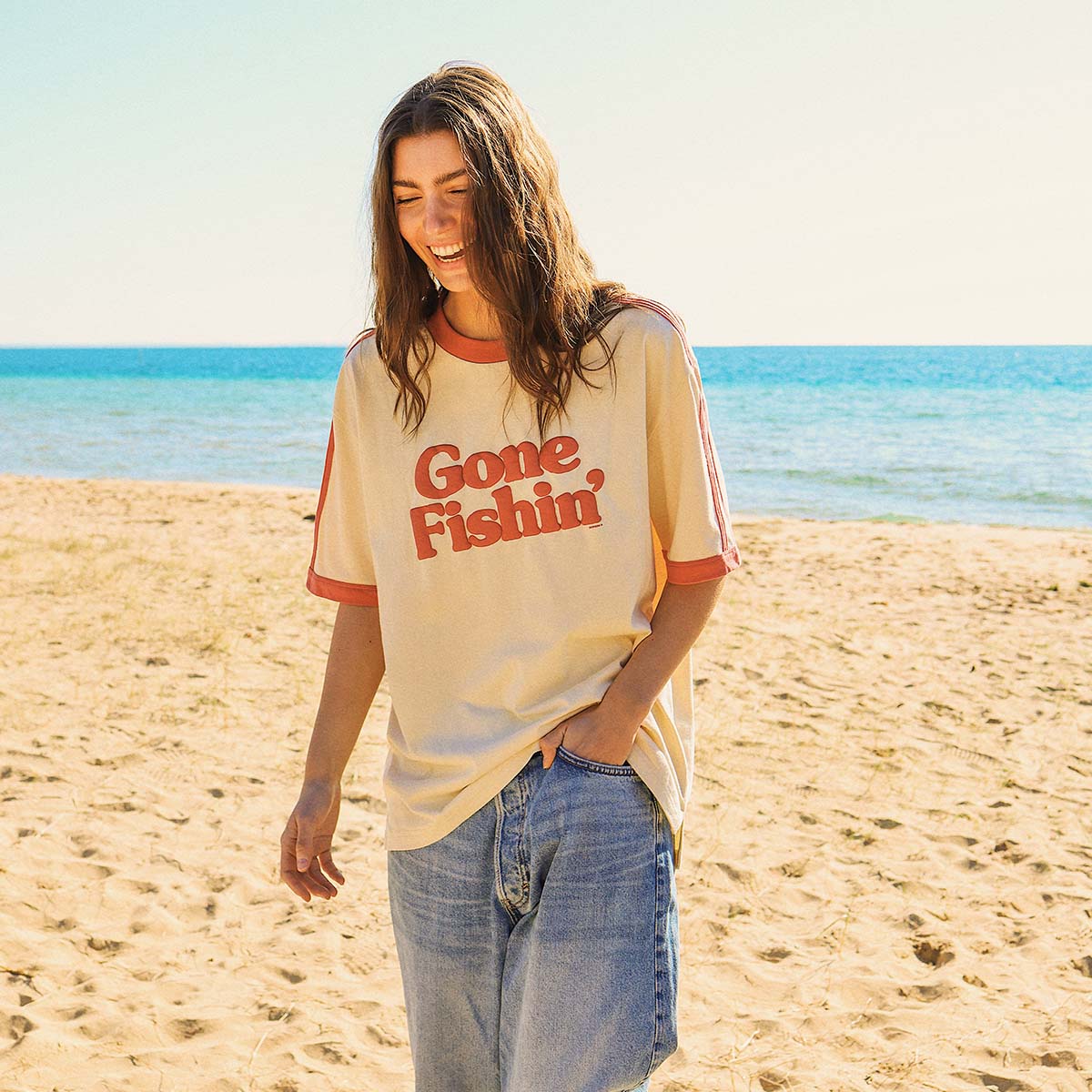 Gone Fishin Boxy Ringer Tee in Off White