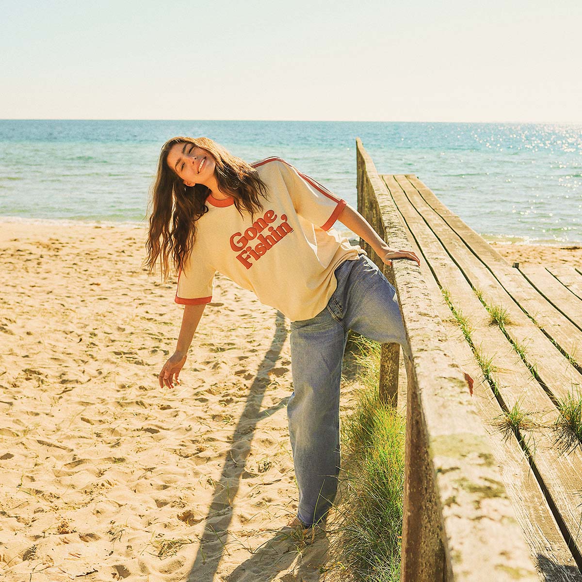 Gone Fishin Boxy Ringer Tee in Off White