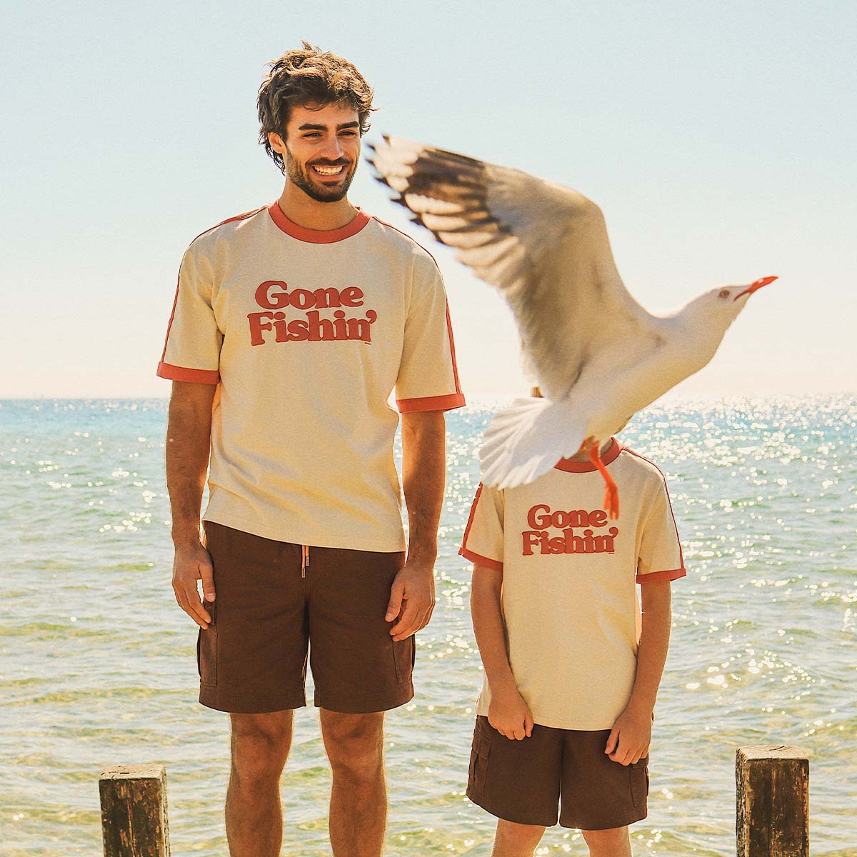 Gone Fishin Boxy Ringer Tee in Off White