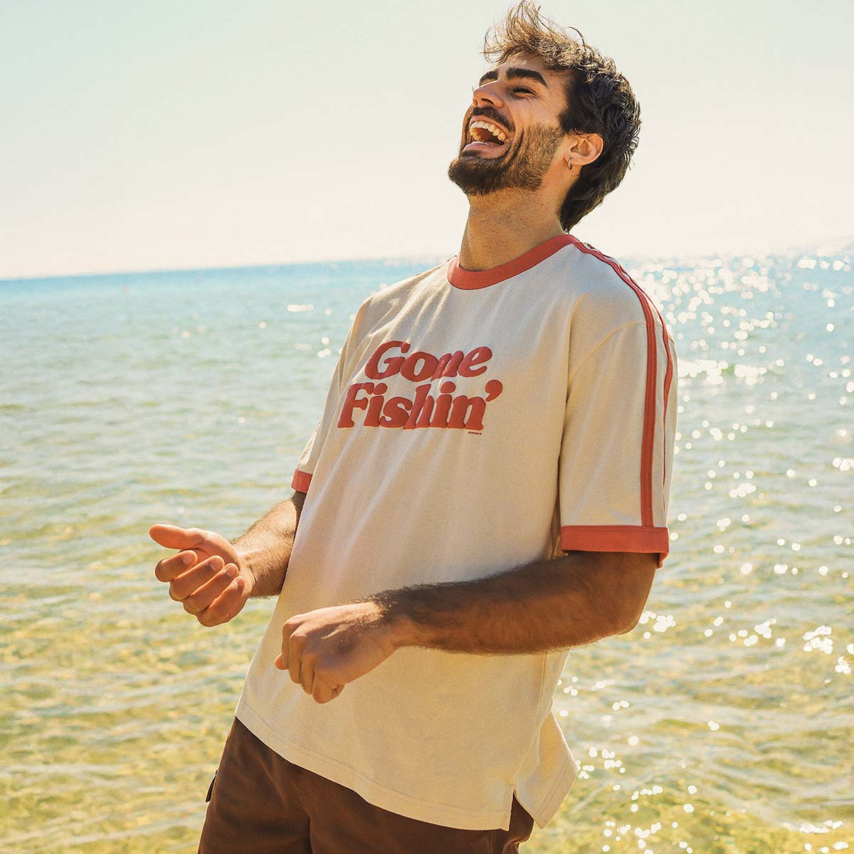 Gone Fishin Boxy Ringer Tee in Off White