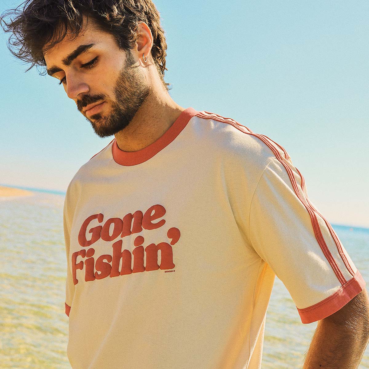 Gone Fishin Boxy Ringer Tee in Off White