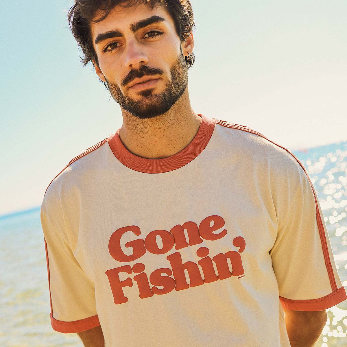 Gone Fishin Boxy Ringer Tee in Off White