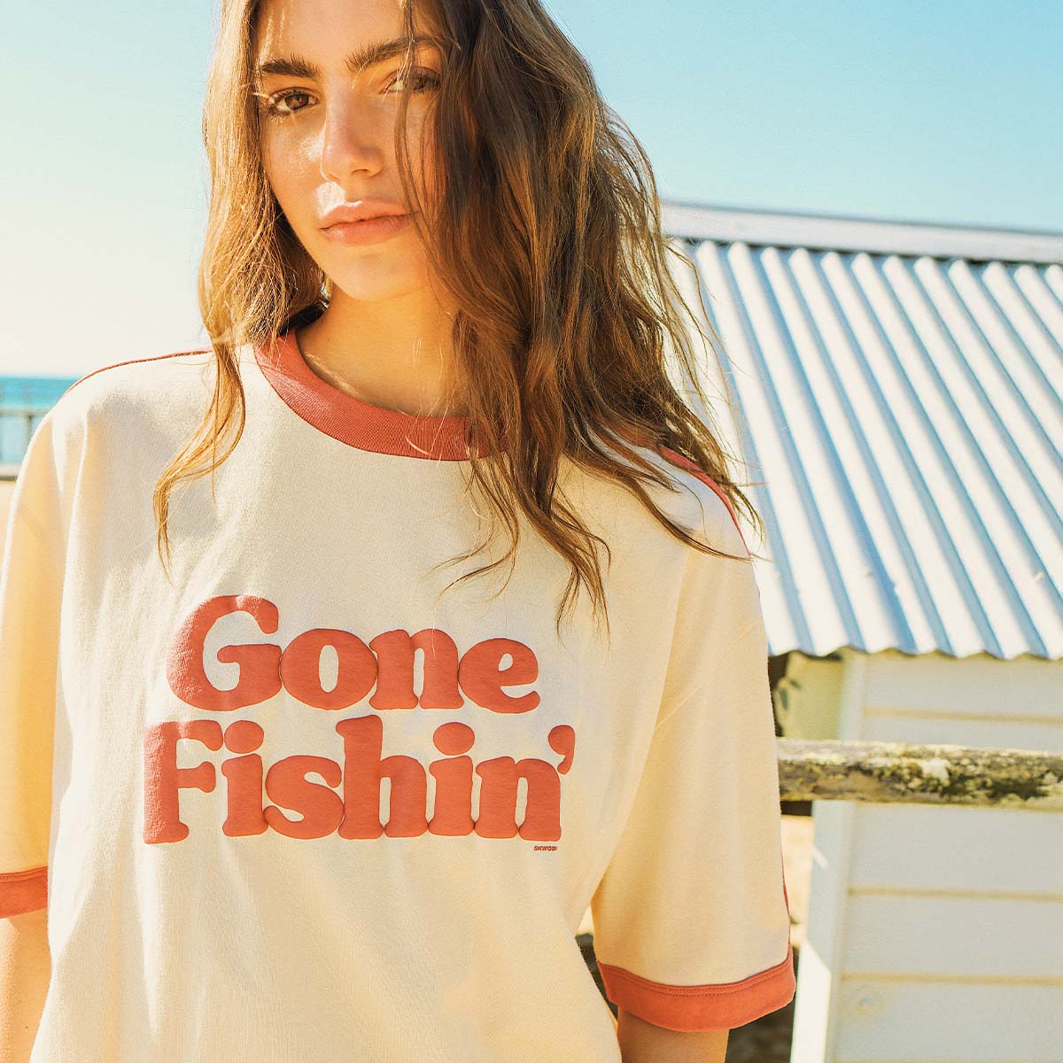 Gone Fishin Boxy Ringer Tee in Off White