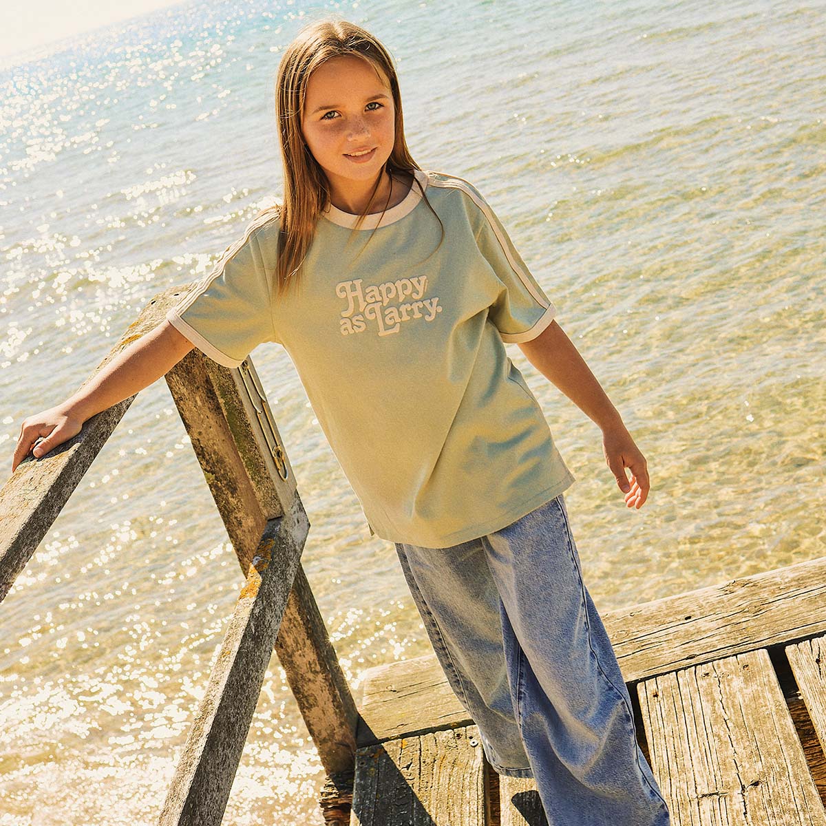 Happy as Larry Kids Boxy Ringer Tee in Sage