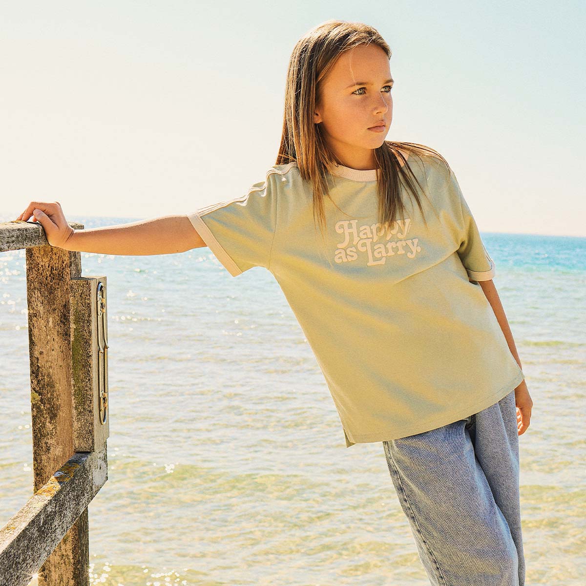 Happy as Larry Kids Boxy Ringer Tee in Sage