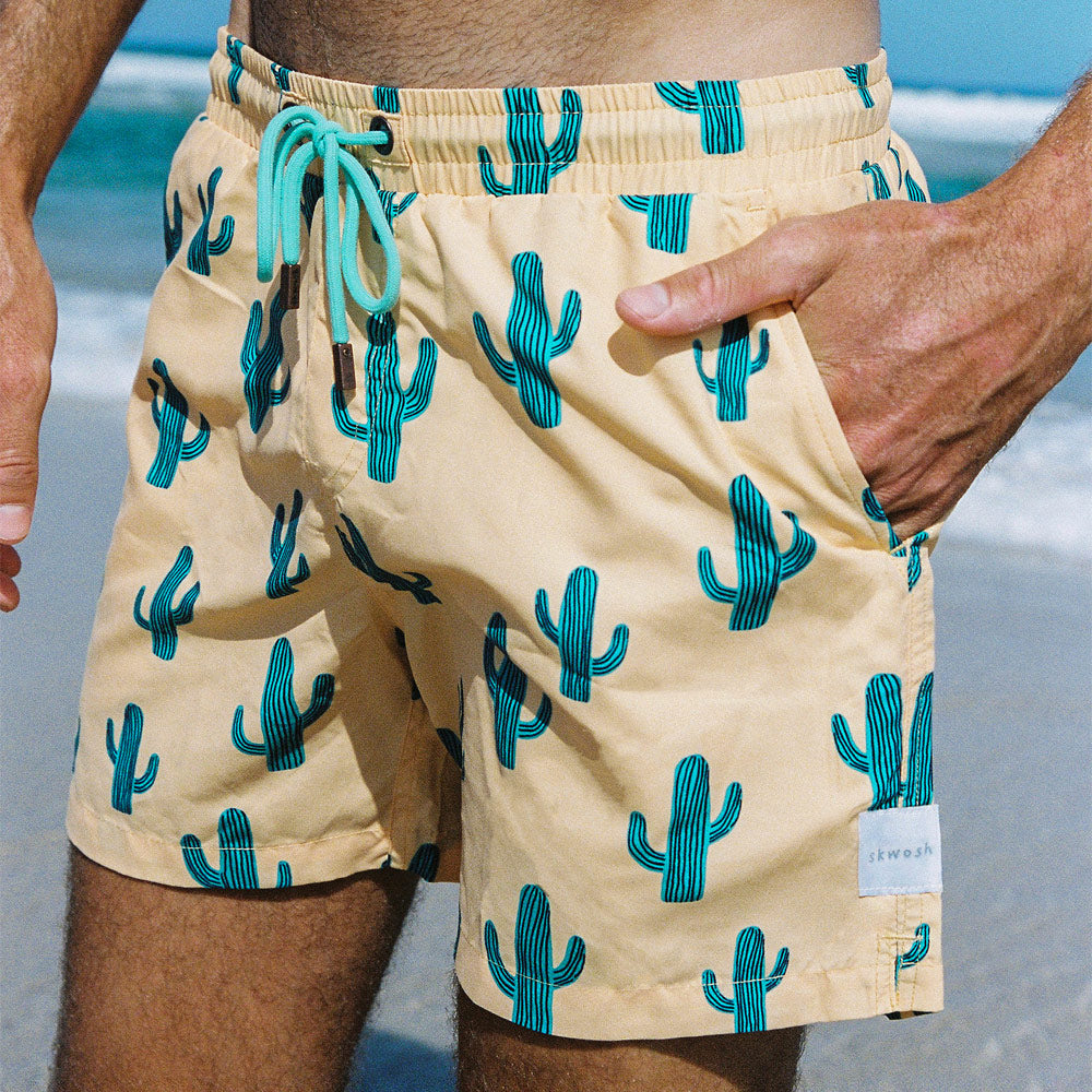 Men s Cactus Jack Swim Shorts Cactus Print with Contrast Drawstring Inner Mesh Skwosh
