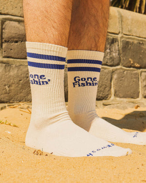 Gone Fishin' Men's Crew Socks in Cobalt