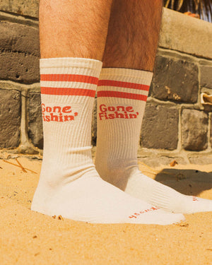 Gone Fishin' Men's Crew Socks in Off White
