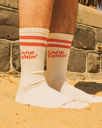 Gone Fishin' Men's Crew Socks in Off White
