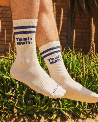 Yeah Nah Men's Crew Socks in Navy