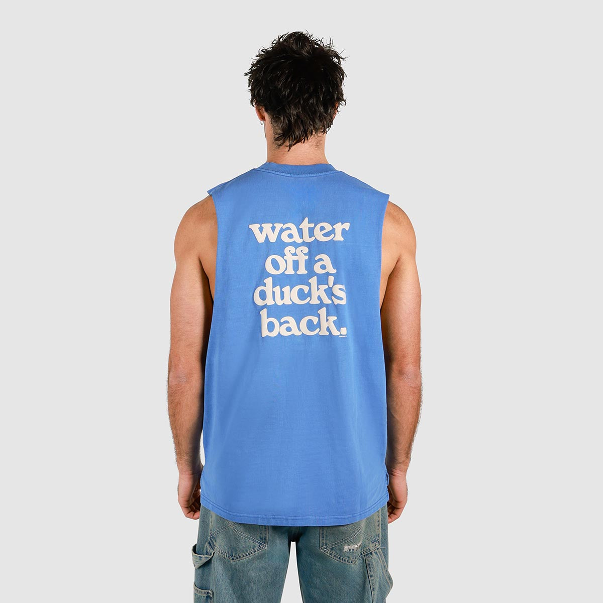 Ducks Back Slang Muscle Tank in Blue