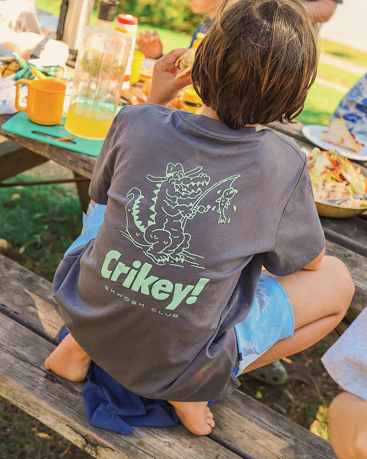 Crikey Boys Back Print Tee in Charcoal