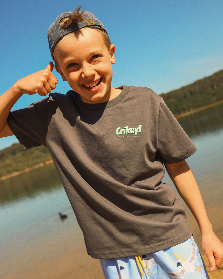 Crikey Boys Back Print Tee in Charcoal
