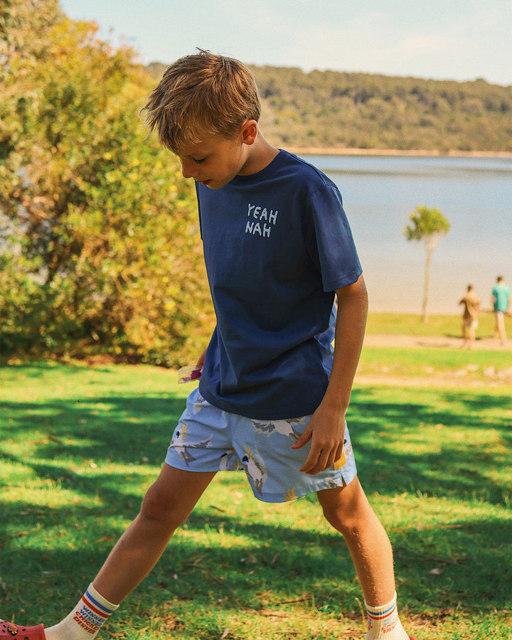 Yeah Nah Boys Back Print Tee in Navy