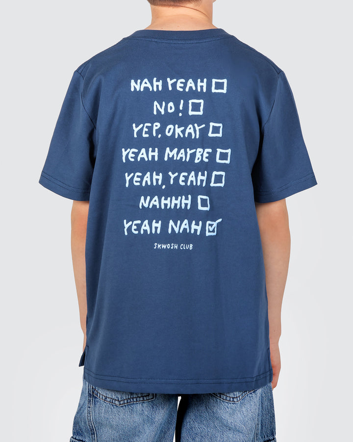 Yeah Nah Boys Back Print Tee in Navy