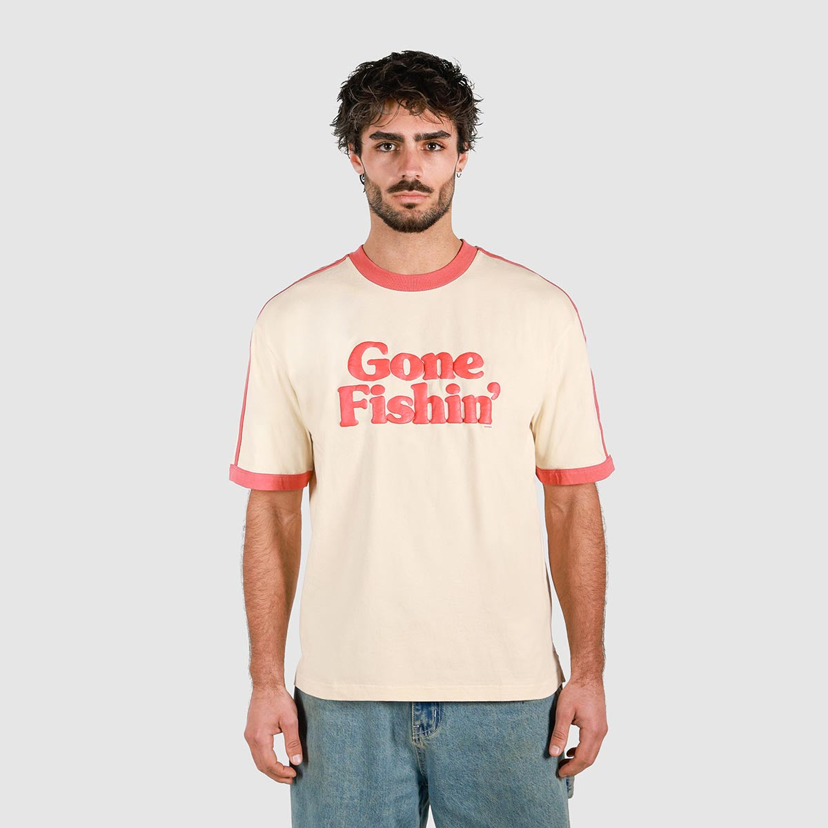 Gone Fishin Boxy Ringer Tee in Off White