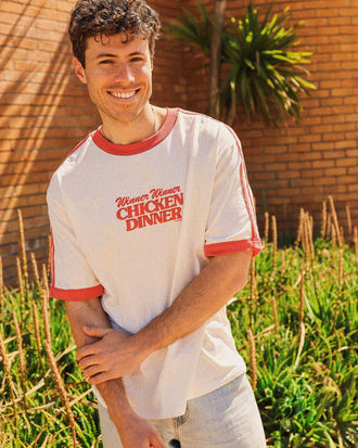 Chicken Dinner Men's Boxy Ringer Tee in Off White