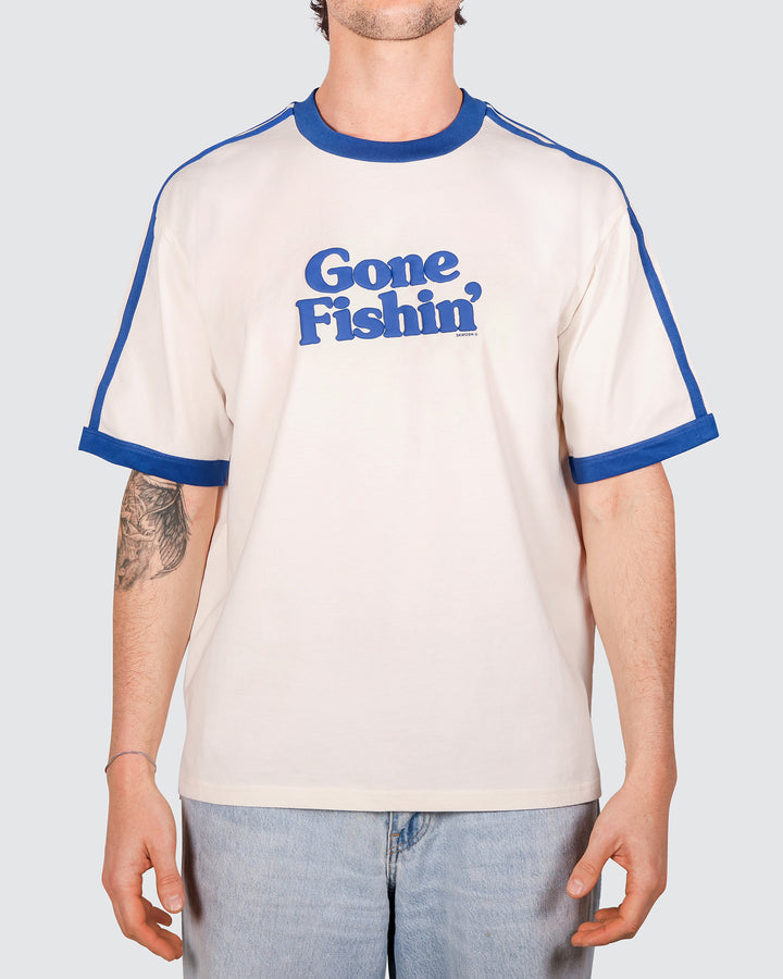 Gone Fishin Boxy Ringer Tee in Off White