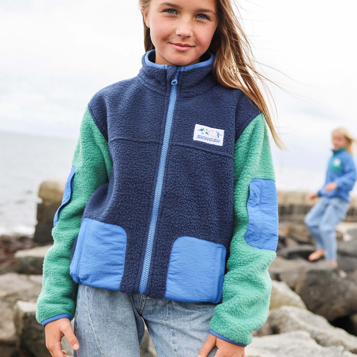 Skwosh Kids Polar Fleece Utility Jacket in Green/Blue