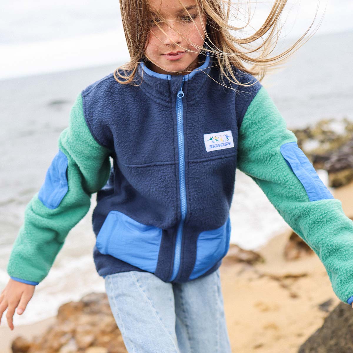 Skwosh Kids Polar Fleece Utility Jacket in Green/Blue