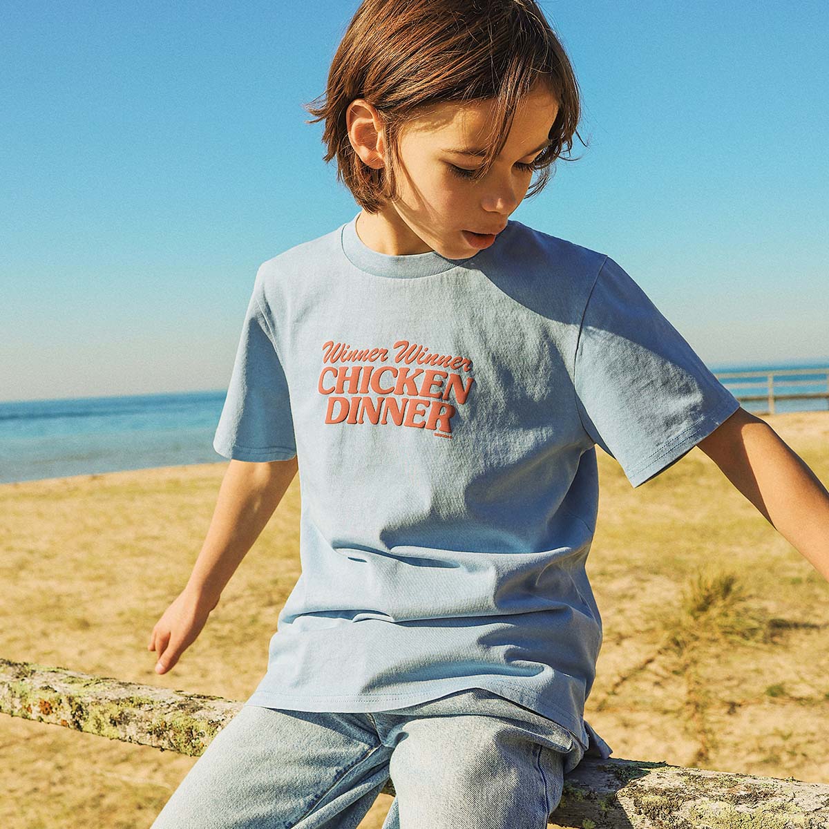 Chicken Dinner Kids Slang Tee in Light Blue