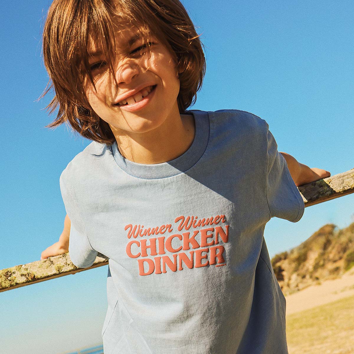 Chicken Dinner Kids Slang Tee in Light Blue