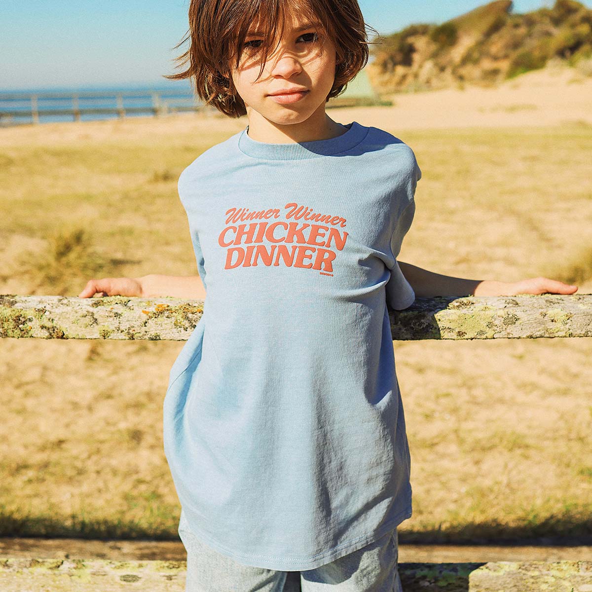 Chicken Dinner Kids Slang Tee in Light Blue