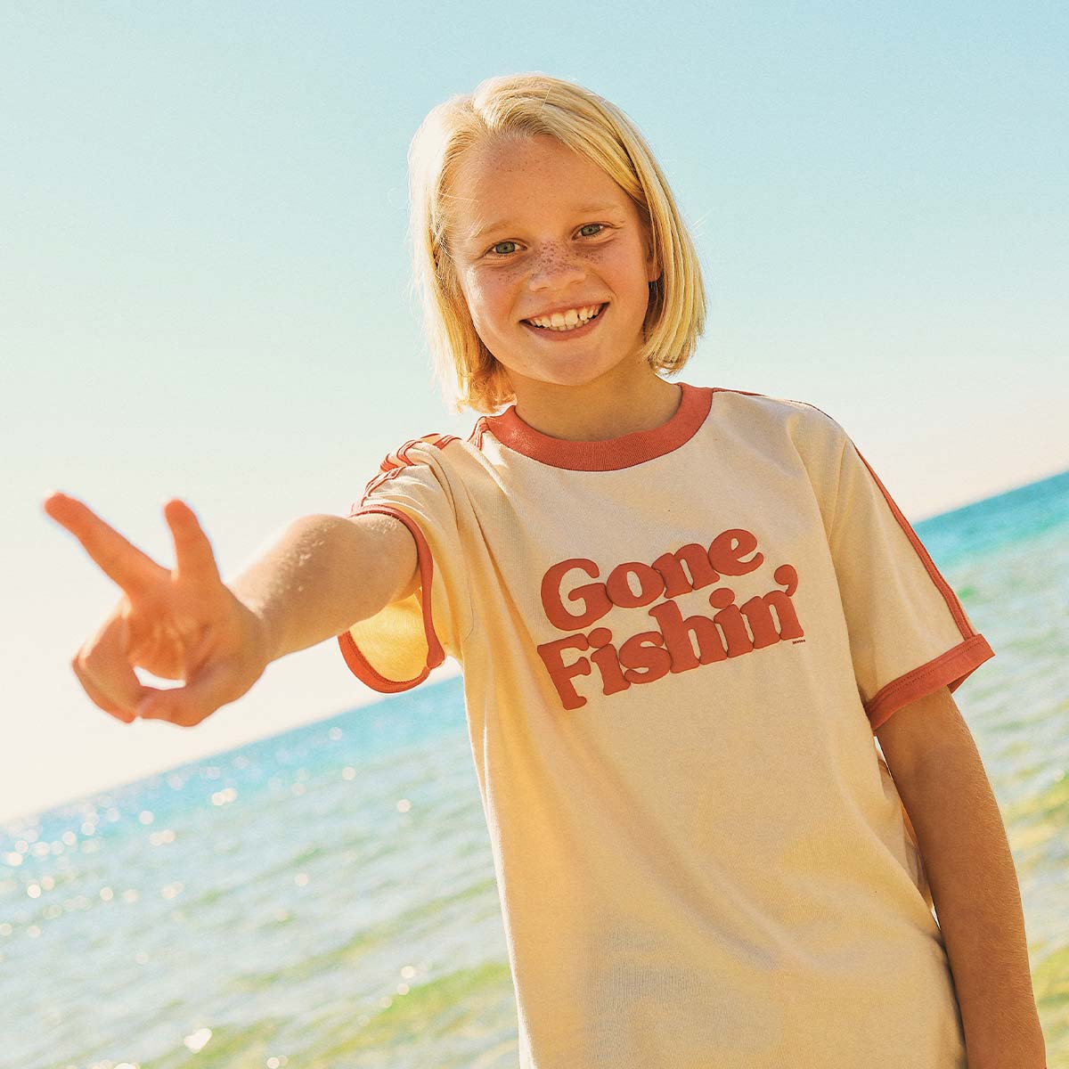 Gone Fishin Kids Boxy Ringer Tee in Off White