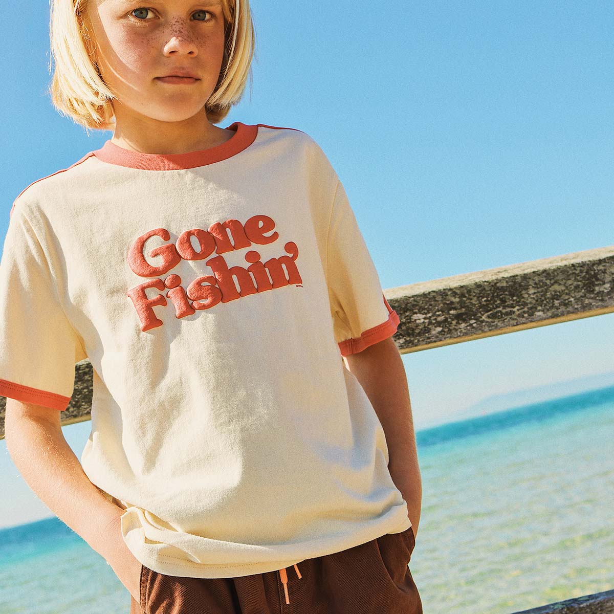 Gone Fishin Kids Boxy Ringer Tee in Off White