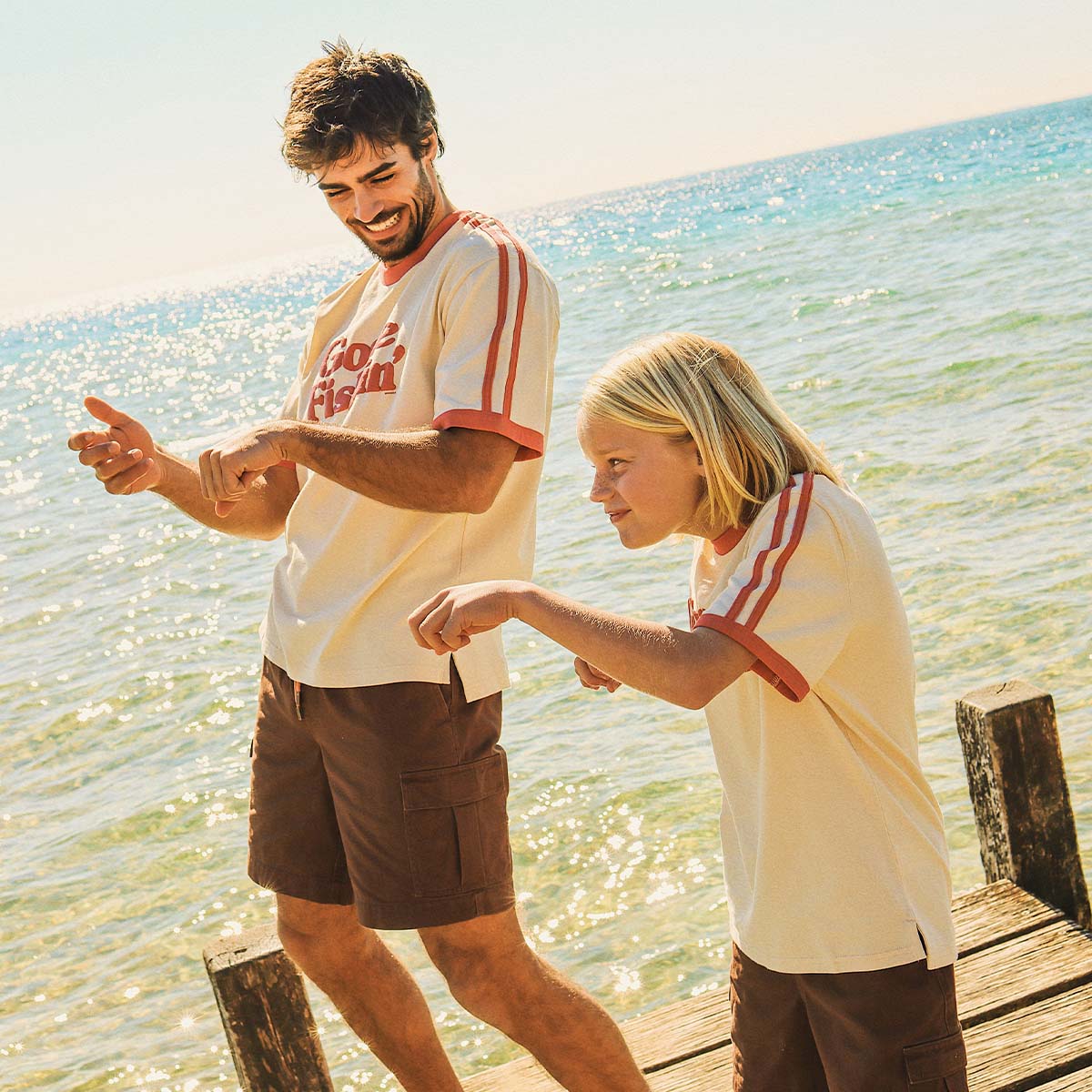 Gone Fishin Kids Boxy Ringer Tee in Off White