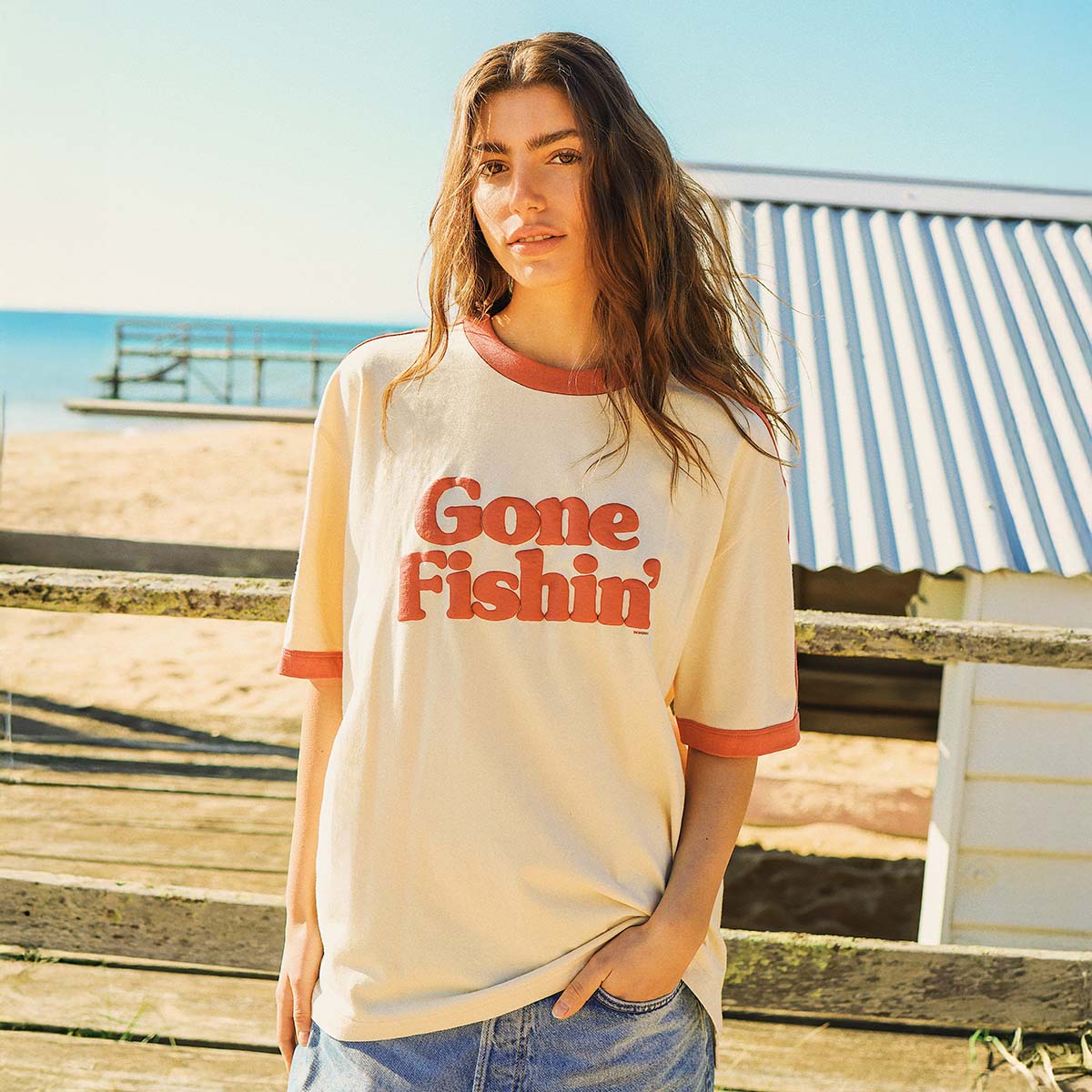 Gone Fishin Boxy Ringer Tee in Off White
