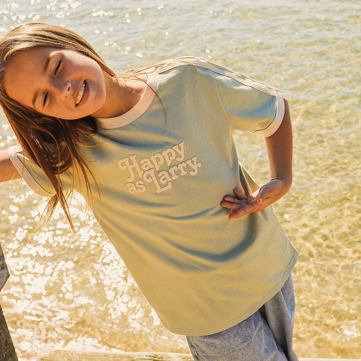 Happy as Larry Kids Boxy Ringer Tee in Sage